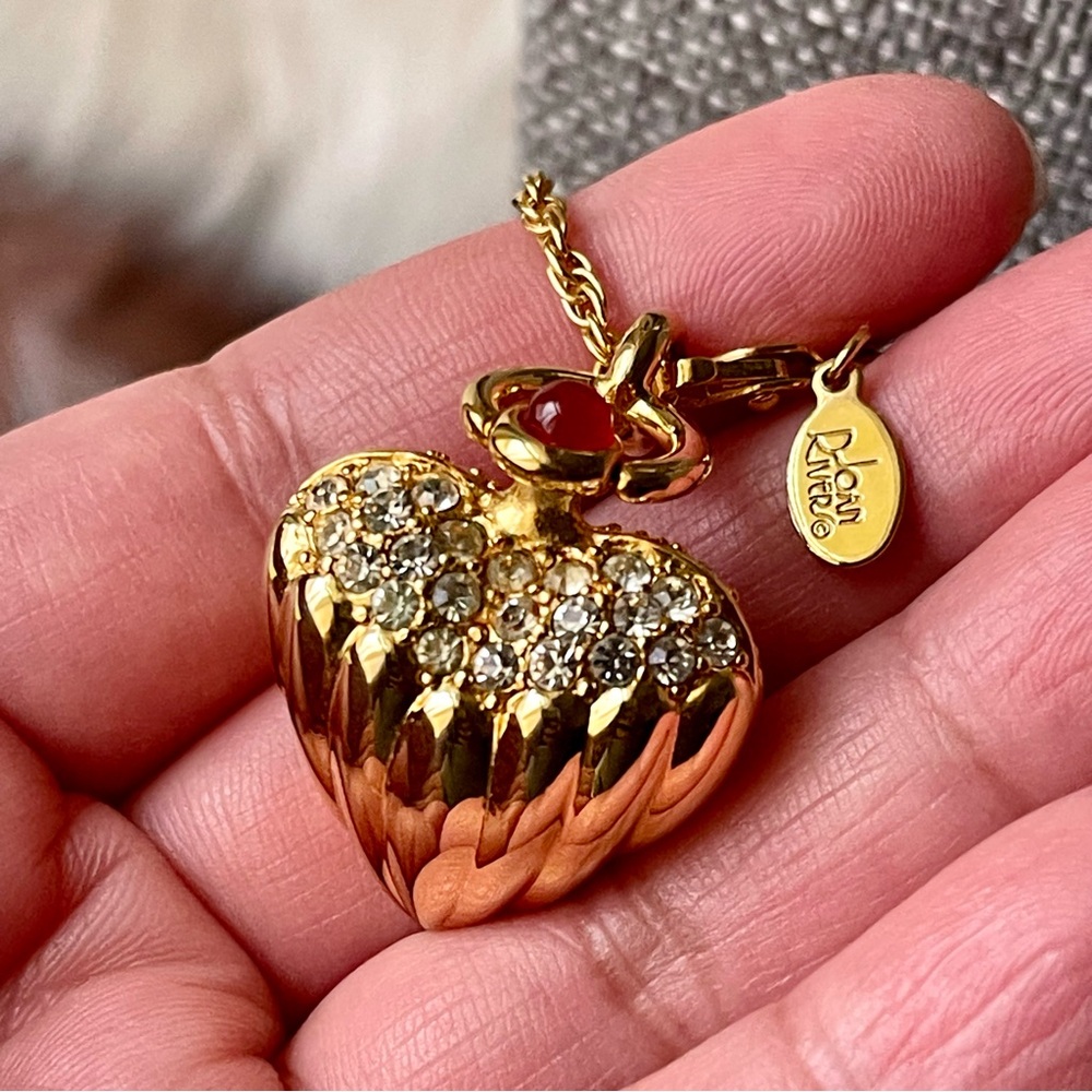 JOAN RIVERS | Vintage | Puffy Heart Red Clear Crystal Pave Gold 26" Necklace